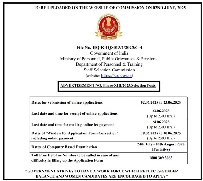SSC Phase 13 Notification