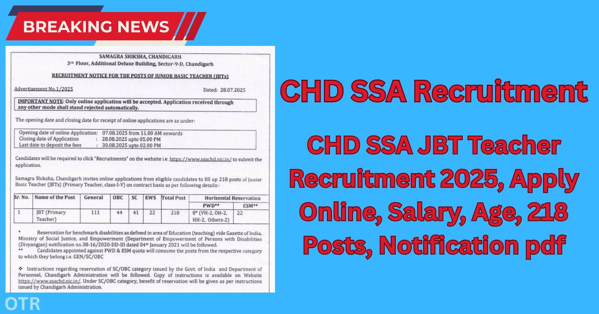 CHD SSA JBT Teacher Recruitment 2025, Apply Online